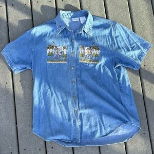 90s vintage Bobbie brooks embroidered garden bear denim button down sz L
